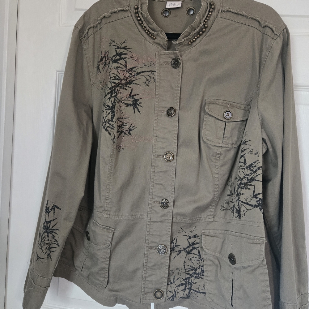 Lane Bryant Venezia Light Khaki Military Style  Jacket Asian Motif